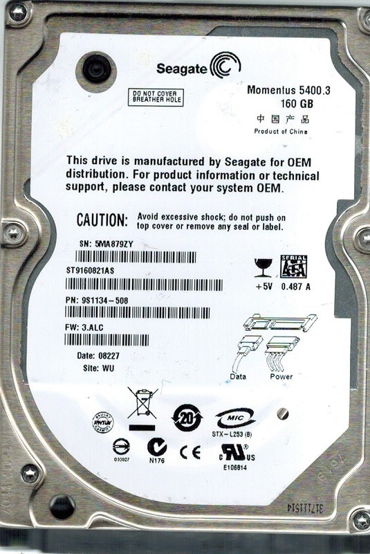 Seagate ST9160821AS 160GB P/N: 9S1134-508 F/W: 3.ALC WU