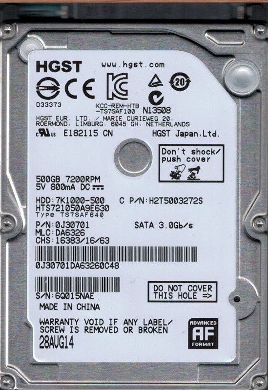 HGST HTS721050A9E630 P/N: 0J30701 MLC: DA6326 500GB