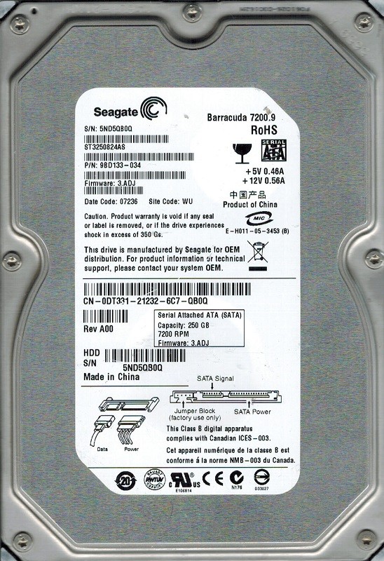 Seagate ST3250824AS P/N: 9BD133-034 F/W: 3.ADJ 250GB WU