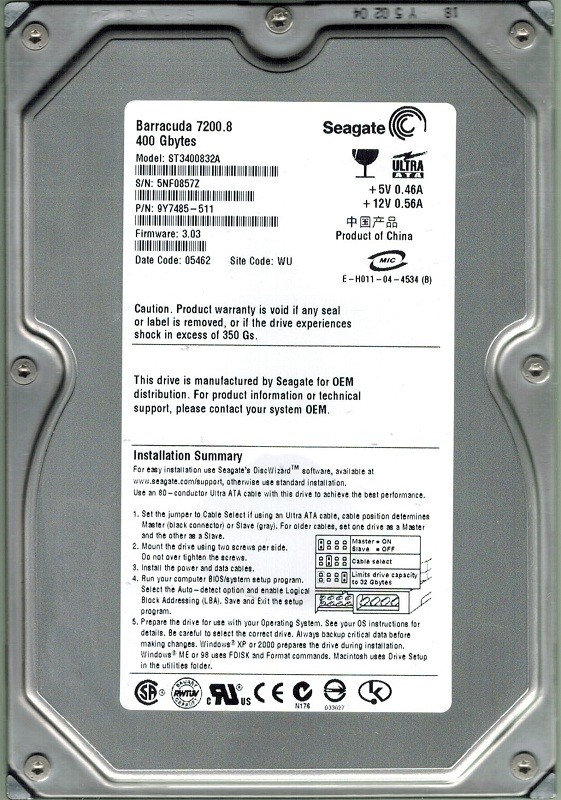 Seagate ST3400832A P/N: 9Y7485-511 400GB F/W: 3.03 WU
