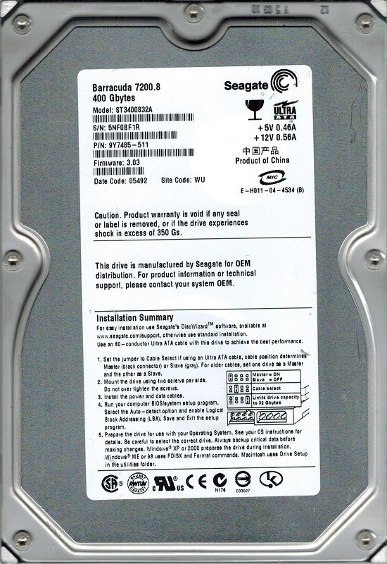 Seagate ST3400832A P/N: 9Y7485-511 F/W: 3.03 400GB WU