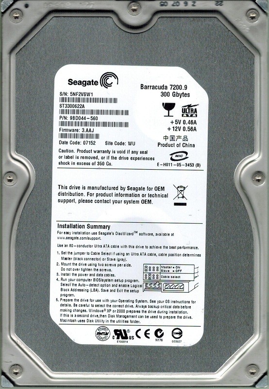 Seagate ST3300622A 300GB P/N: 9BD044-560 F/W: 3.AAJ WU