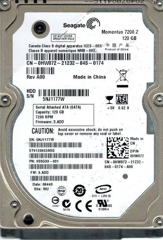 Seagate ST9120823ASG P/N: 9S5G33-031 F/W: 3.ADD 120GB WU