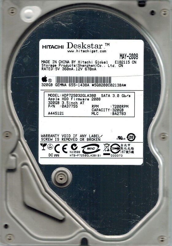 Hitachi HDP725032GLA380 MAC P/N: 0A37755 MLC: BA2783 320GB APPLE