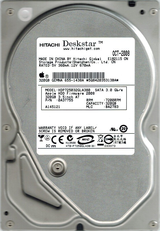 Hitachi HDP725032GLA380 MAC P/N: 0A37755 320GB MLC: BA2783 APPLE