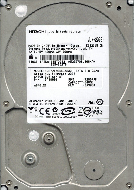 Hitachi HDE721064SLA330 MAC 640GB P/N: 0A39991 MLC: BA3064 APPLE