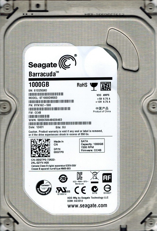 Seagate ST1000DM003 P/N: 9YN162-500 F/W: CC4B 1TB SU