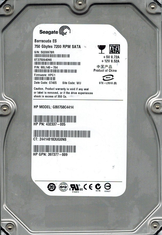 Seagate ST3750640NS P/N: 9BL148-784 F/W: HPG1 750GB WU