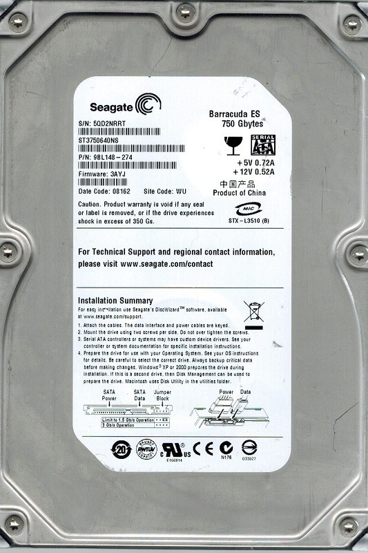 Seagate ST3750640NS P/N: 9BL148-274 F/W: 3AYJ 750GB WU