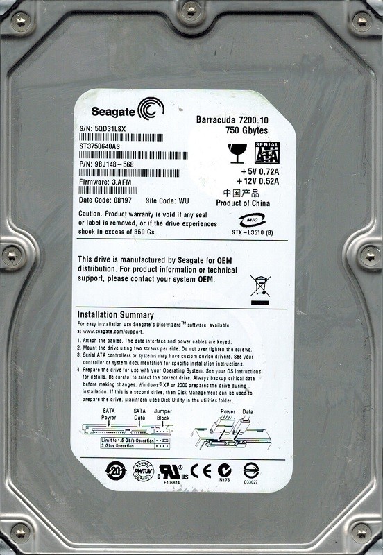 Seagate ST3750640AS P/N: 9BJ148-568 F/W: 3.AFM WU 750GB