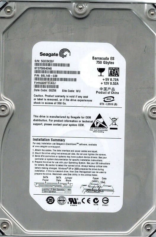 Seagate ST3750640NS P/N: 9BL148-038 F/W: 3.AQJ 750GB WU