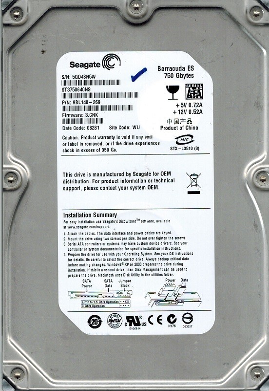 Seagate ST3750640NS P/N: 9BL148-269 F/W: 3.CNK 750GB WU