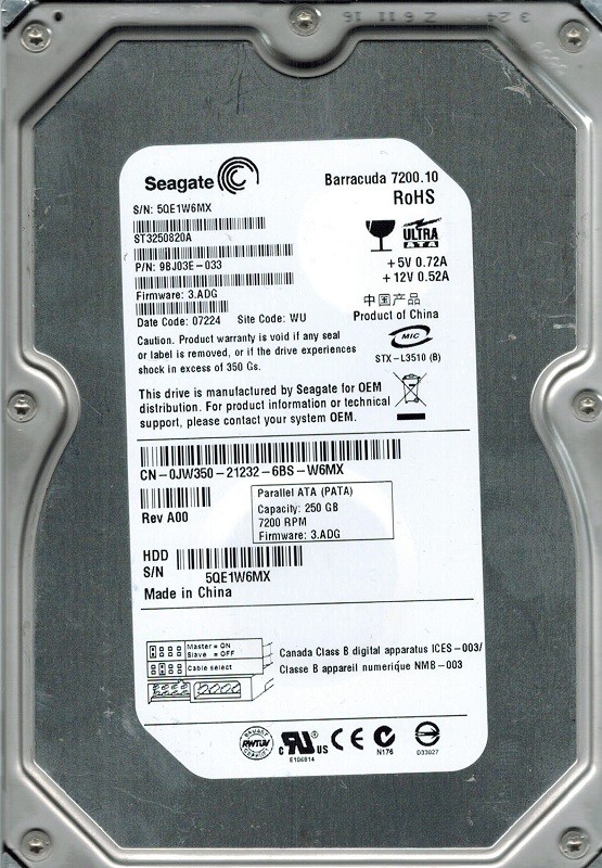 Seagate ST3250820A P/N: 9BJ03E-033 F/W: 3.ADG 250GB WU