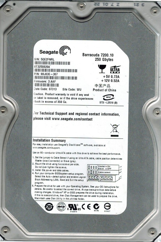 Seagate ST3250820A P/N: 9BJ03E-307 F/W: 3.AAF 250GB WU