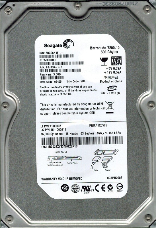 Seagate ST3500830AS 500GB P/N: 9BJ136-277 F/W: 3.CQD WU