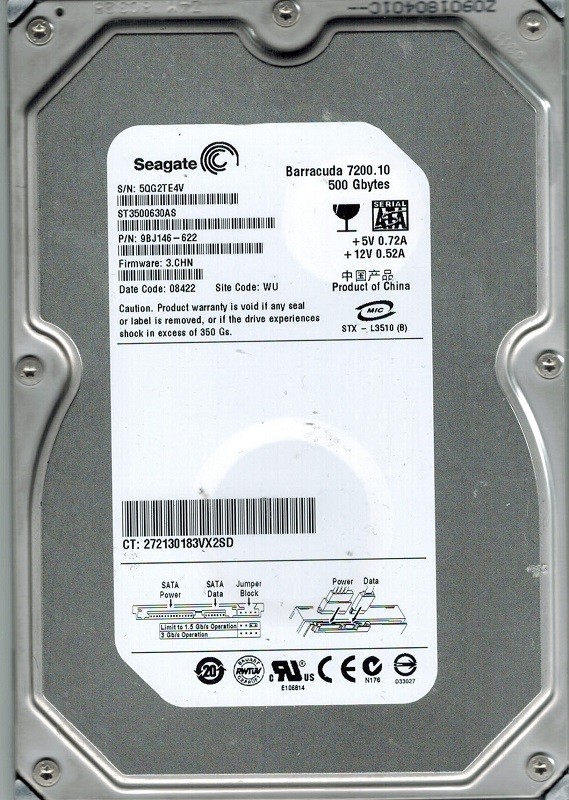 Seagate ST3500630AS P/N: 9BJ146-622 F/W: 3.CHN WU 500GB