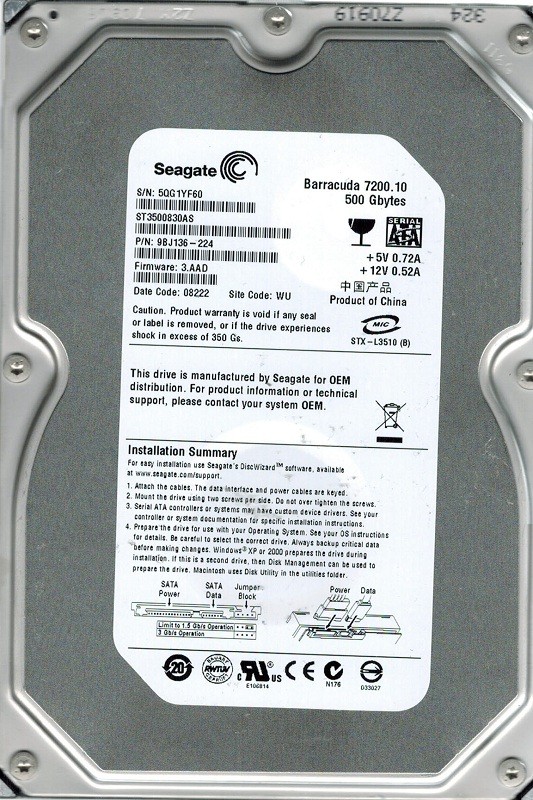 Seagate ST3500830AS P/N: 9BJ136-224 F/W: 3.AAD 500GB WU