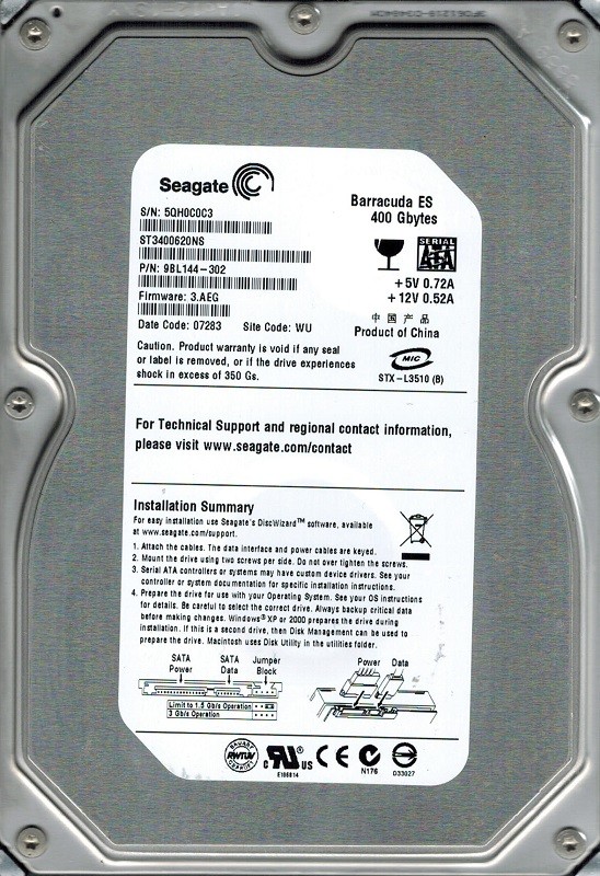 Seagate ST3400620NS P/N: 9BL144-302 F/W: 3.AEG 400GB WU