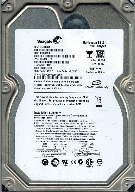 Seagate ST31000340NS P/N: 9CA158-301 F/W: SN03 1TB WUXISG
