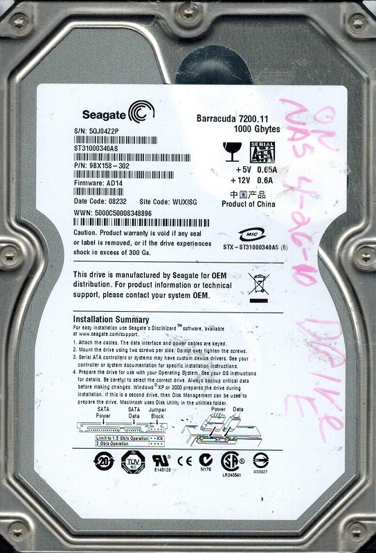 Seagate ST31000340AS F/W: AD14 P/N: 9BX158-302 1TB WUXISG