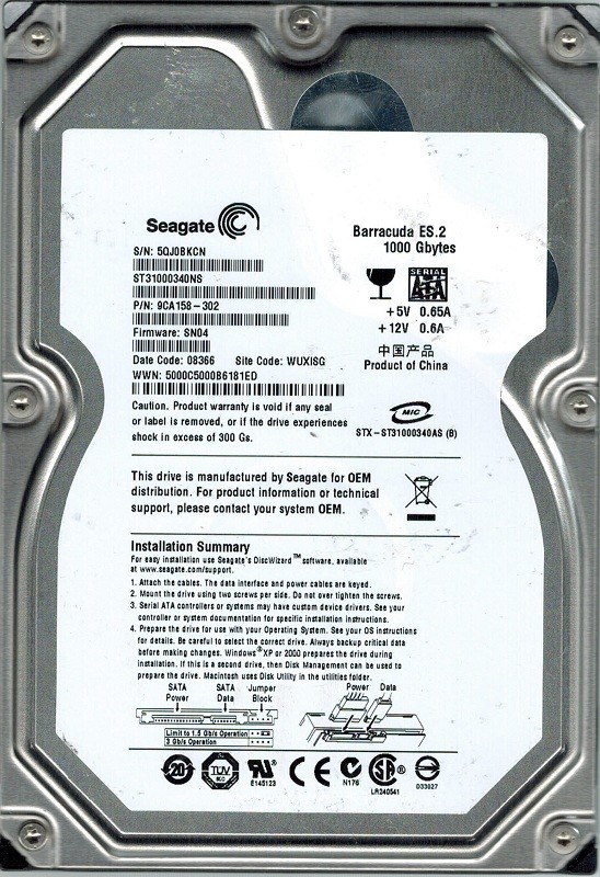 ST31000340NS Seagate P/N: 9CA158-302 F/W: SN04 1TB WUXISG