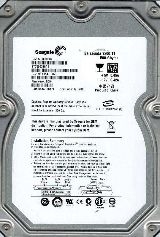 Seagate ST3500320AS P/N: 9BX154-302 F/W: SD04 500GB WUXISG