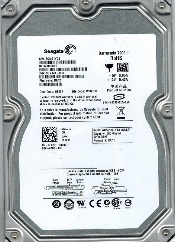 ST3500620AS Seagate P/N: 9BX144-033 F/W: DE12 500GB WUXISG