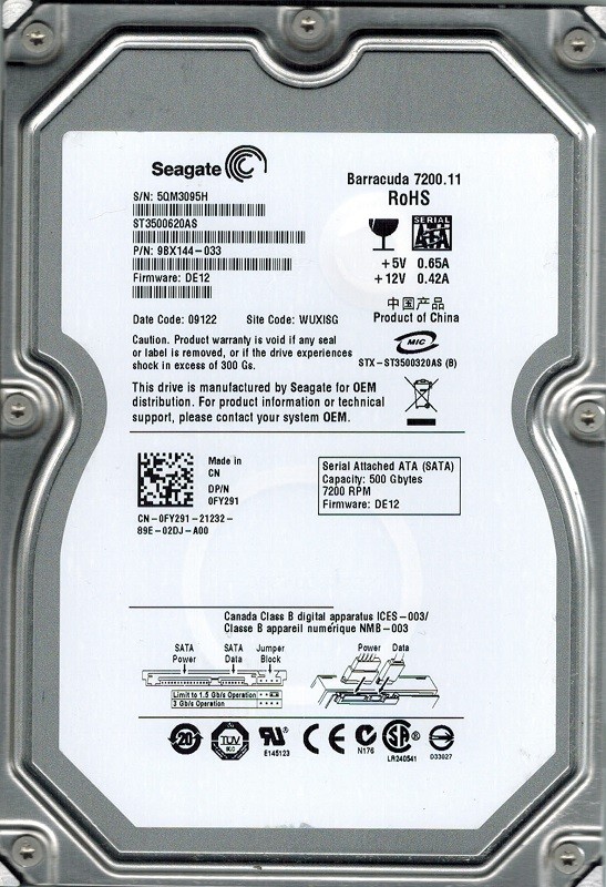 Seagate ST3500620AS P/N: 9BX144-033 F/W: DE12 500GB WUXISG