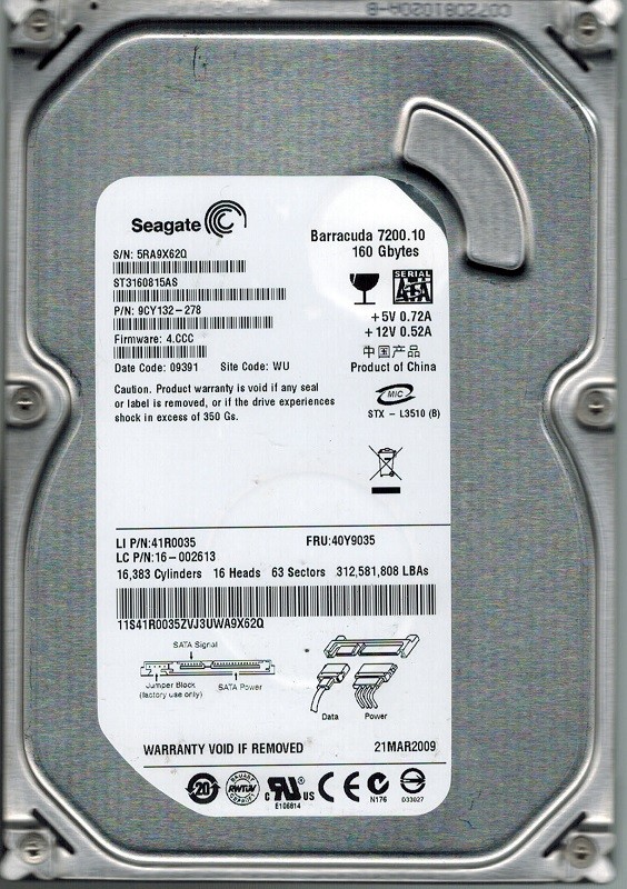 Seagate ST3160815AS P/N: 9CY132-278 F/W: 4.CCC 160GB WU