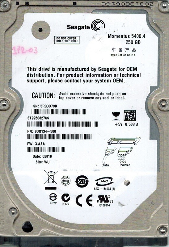 Seagate ST9250827AS P/N:9DG134-500 F/W: 3.AAA 250GB WU