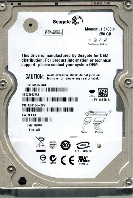 Seagate ST9250827AS 250GB P/N: 9DG134-020 F/W: 3.AAA WU