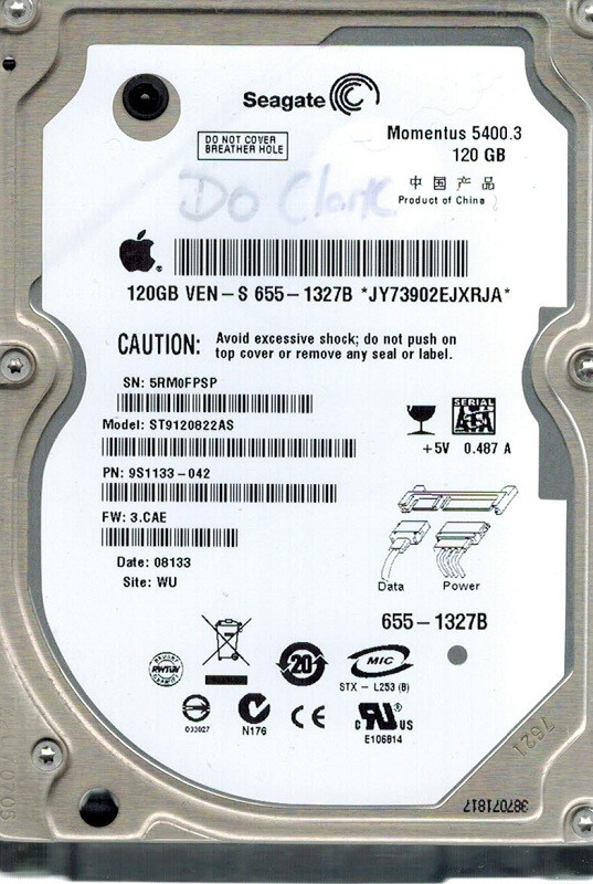 Seagate ST9120822AS P/N: 9S1133-042 F/W: 3.CAE WU 120GB MAC APPLE