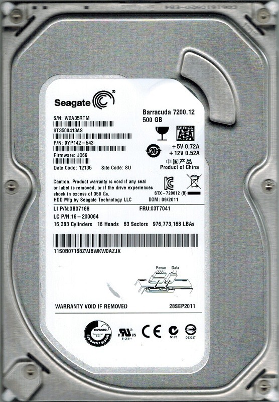 Seagate ST3500413AS P/N: 9YP142-543 F/W: JC66 500GB SU