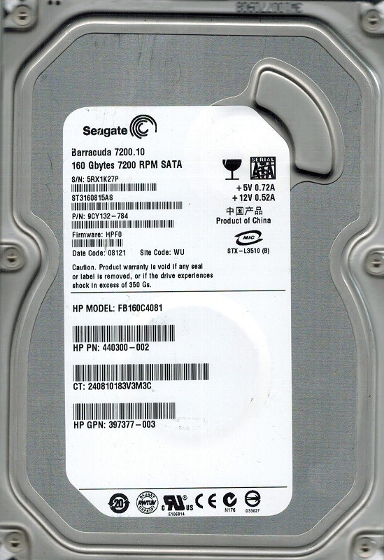 Seagate ST3160815AS P/N: 9CY132-784 F/W: HPF0 160GB WU