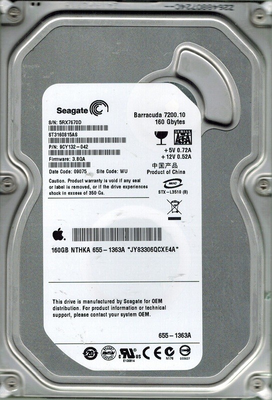 Seagate ST3160815AS MAC P/N: 9CY132-042 160GB F/W: 3.BQA WU APPLE