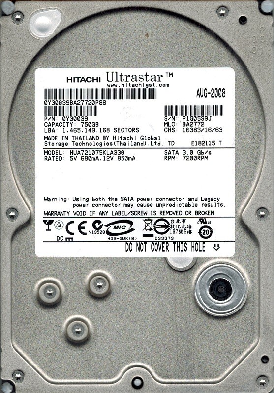 Hitachi HUA721075KLA330 P/N: 0Y30039 MLC: BA2772 750GB