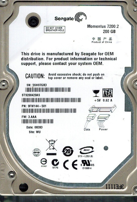 Seagate ST9200420AS 200GB P/N: 9FW144-501 F/W: 3.AAA WU