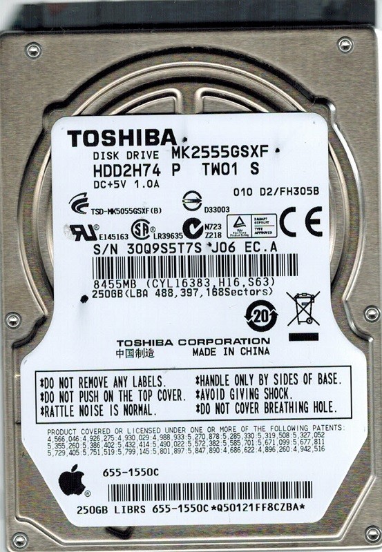 Toshiba MK2555GSXF HDD2H74 P TW01 S MAC 655-1550C CHINA 250GB