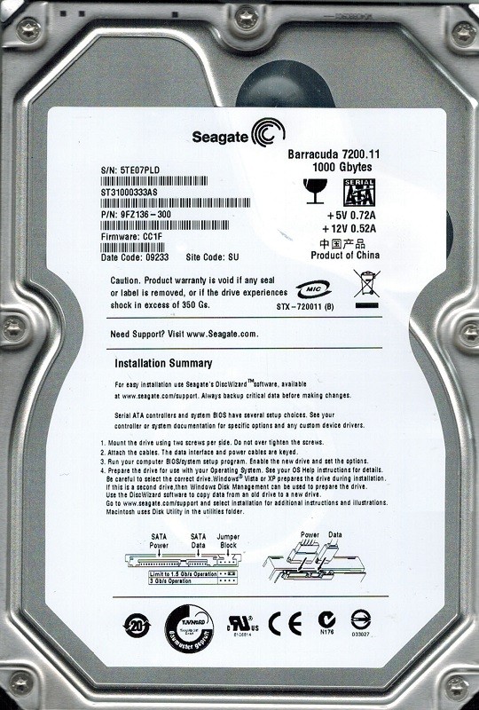 ST31000333AS Seagate P/N: 9FZ136-300 F/W: CC1F SU 1TB