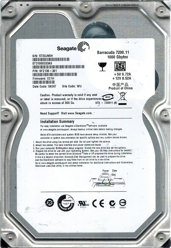 Seagate ST31000333AS P/N: 9FZ136-301 F/W: CC1H 1TB WU