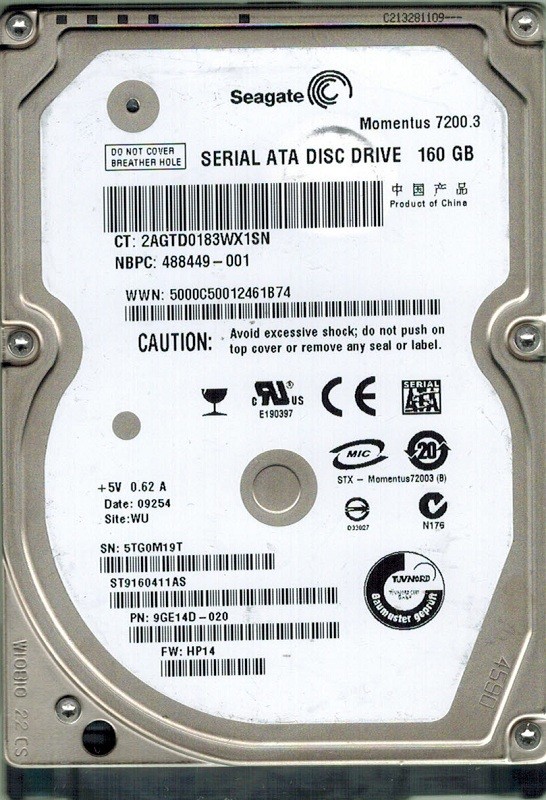 Seagate ST9160411AS 160GB P/N: 9GE14D-020 F/W: HP14 WU