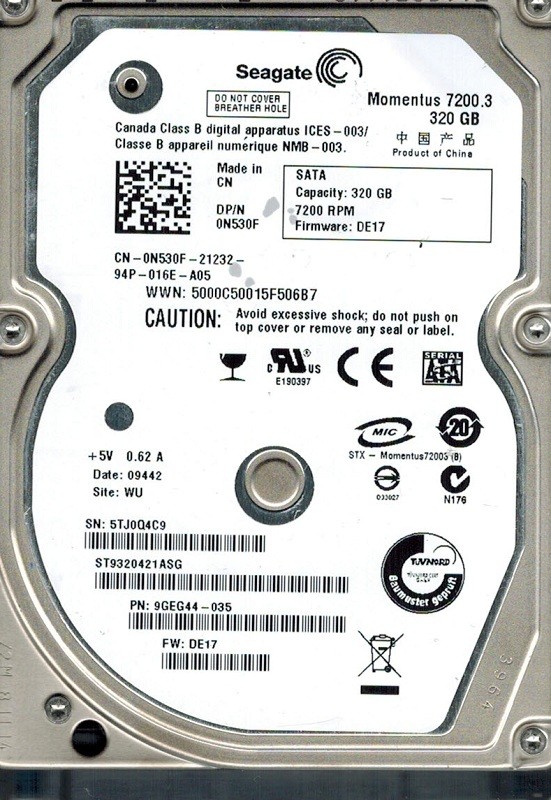 Seagate ST9320421ASG P/N: 9GEG44-035 F/W: DE17 320GB WU