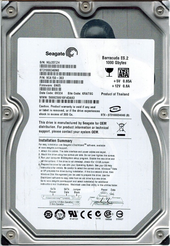 Seagate ST31000340NS F/W: SN05 P/N: 9CA158-303 KRATSG 1TB