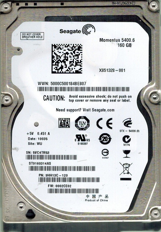Seagate ST9160314AS 160GB P/N: 9HH13C-120 F/W: 0002CE02 WU