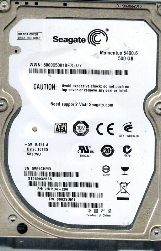 Seagate ST9500325AS P/N: 9HH134-286 F/W: 0002SDM1 500GB WU