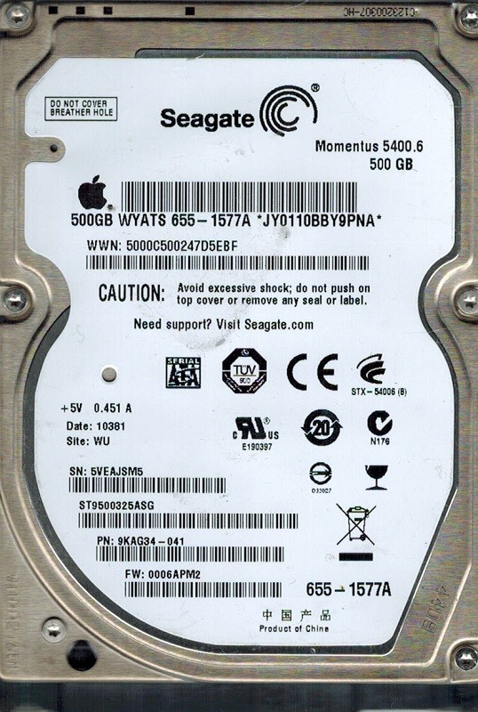 Seagate ST9500325ASG P/N: 9KAG34-041 F/W: 0006APM2 WU MAC 500GB APPLE