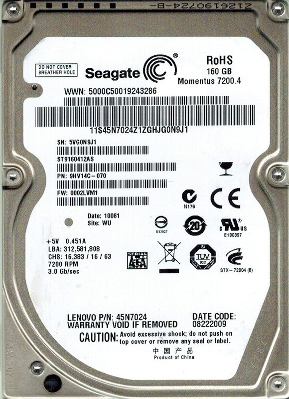 Seagate ST9160412AS 160GB P/N: 9HV14C-070 F/W: 0002LVM1 WU