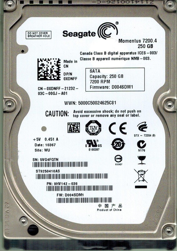 Seagate ST9250410AS 250GB P/N: 9HV142-036 F/W: D004SDM1 WU