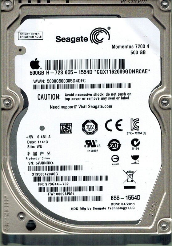 Seagate ST9500420ASG MAC 500GB P/N: 9PSG44-702 F/W: 0009APM1 WU APPLE