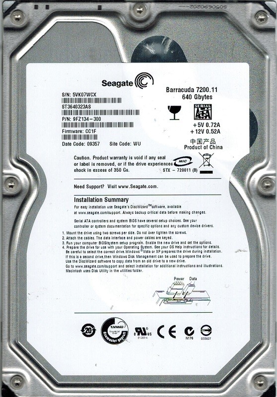 Seagate ST3640323AS P/N: 9FZ134-300 F/W: CC1F 640GB WU